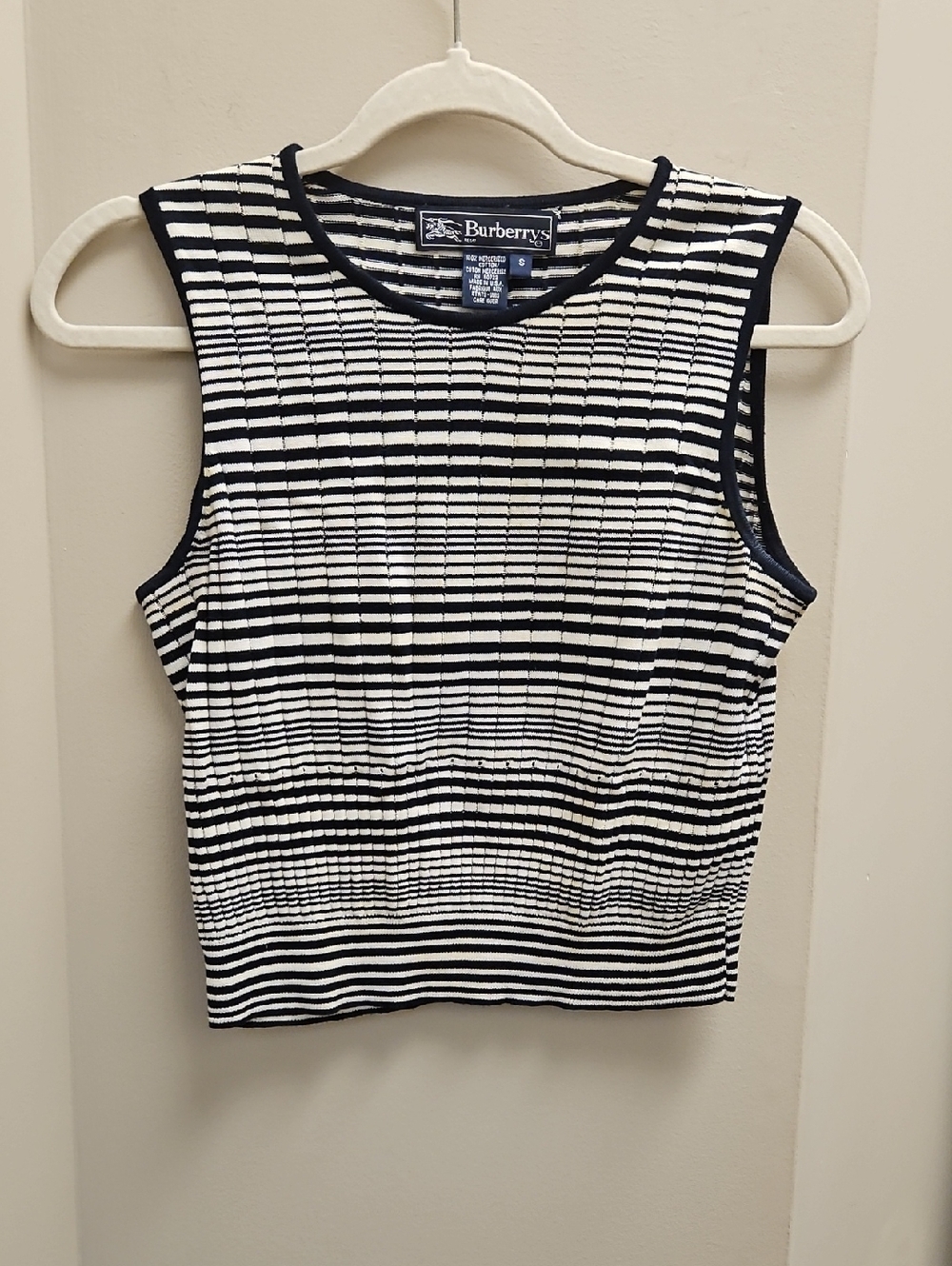 Burberry Navy & White Striped Sleeveless Ribbed Tank